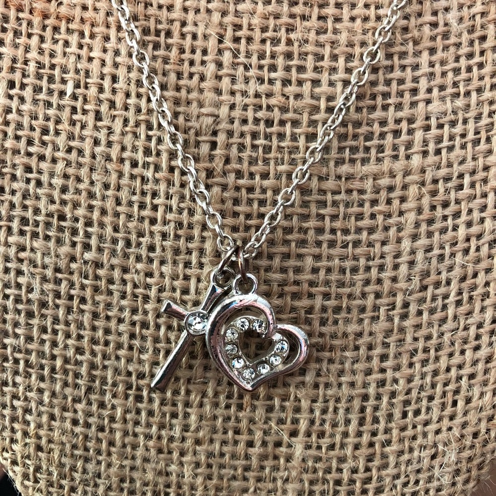9.5” Necklace Heart & Cross Pendants Silver Tone
